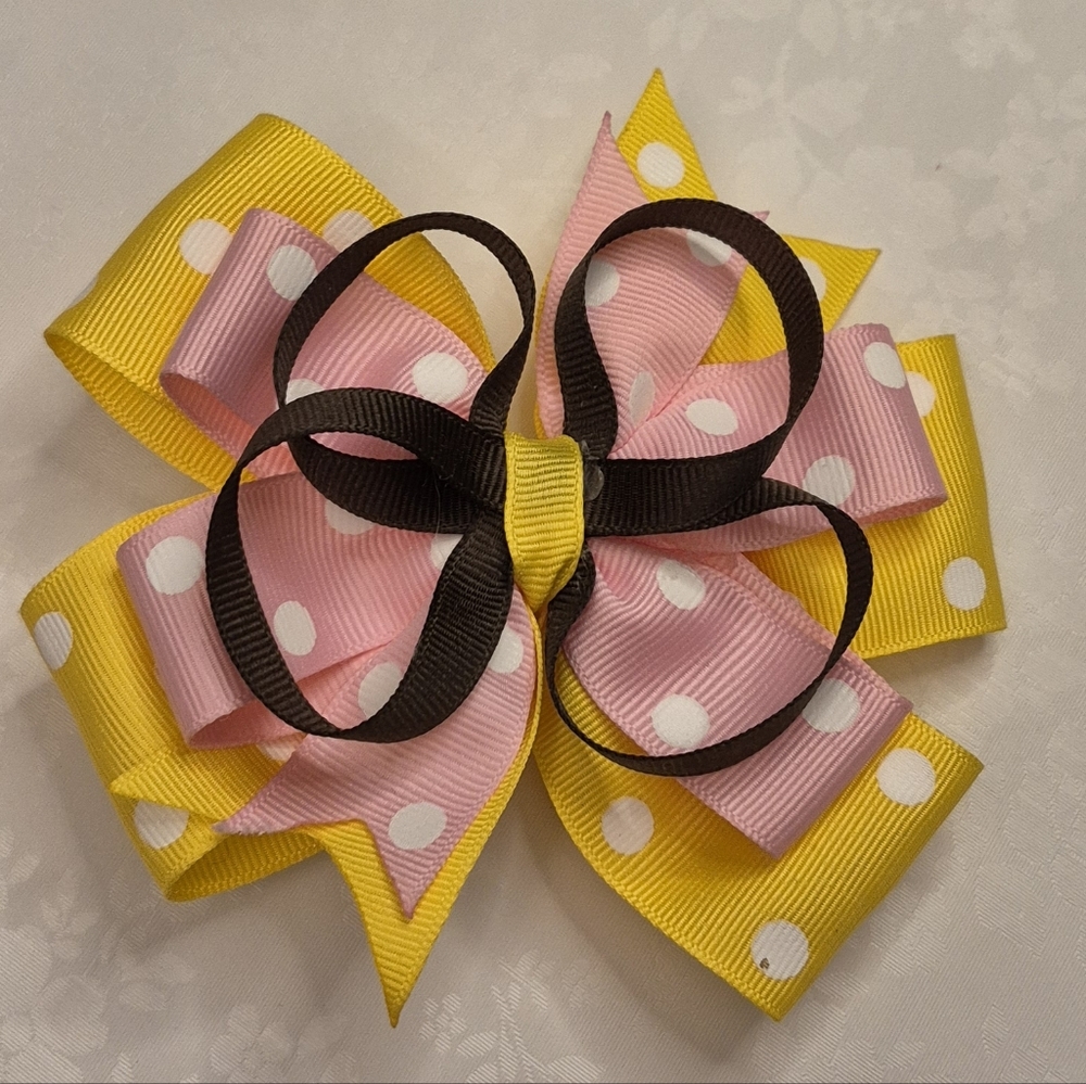 Pink Dot and Yellow Polka Dot Layered Hair Bow Black Loops With Alligator Clip